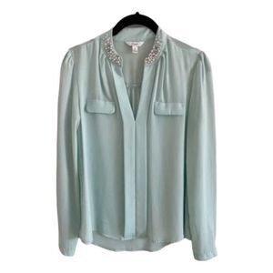 Candie's‎ Pearl Embellished Collar Blouse Mint Green Long Sleeve Pull-Over S